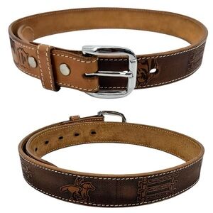 Vintage Western Boho Leather Belt with Stitched Detailing Brown Tan